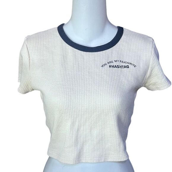 ZARA TRAFALUC FAVORITE #HASHTAG RIBBED SHORT SLEEVE CROP TOP  IVORY BLACK SIZE M - Picture 1 of 5